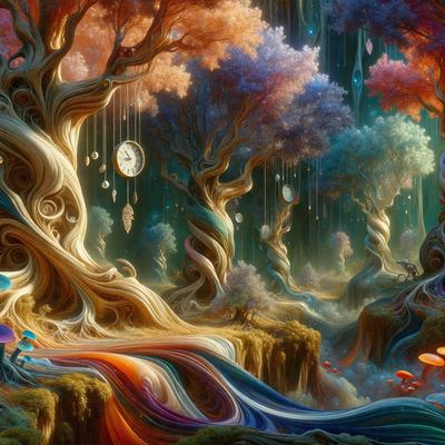 The primary subject of the image is a forest filled with trees and mushrooms. The setting is a magical, colorful, and whimsical environment, with a clock hanging from a tree and a clock tower in the background. The visual style is a digital art or illustration, creating a vibrant and imaginative atmosphere. The dominant colors are a mix of oranges, purples, and greens, giving the scene a lively and enchanting mood.